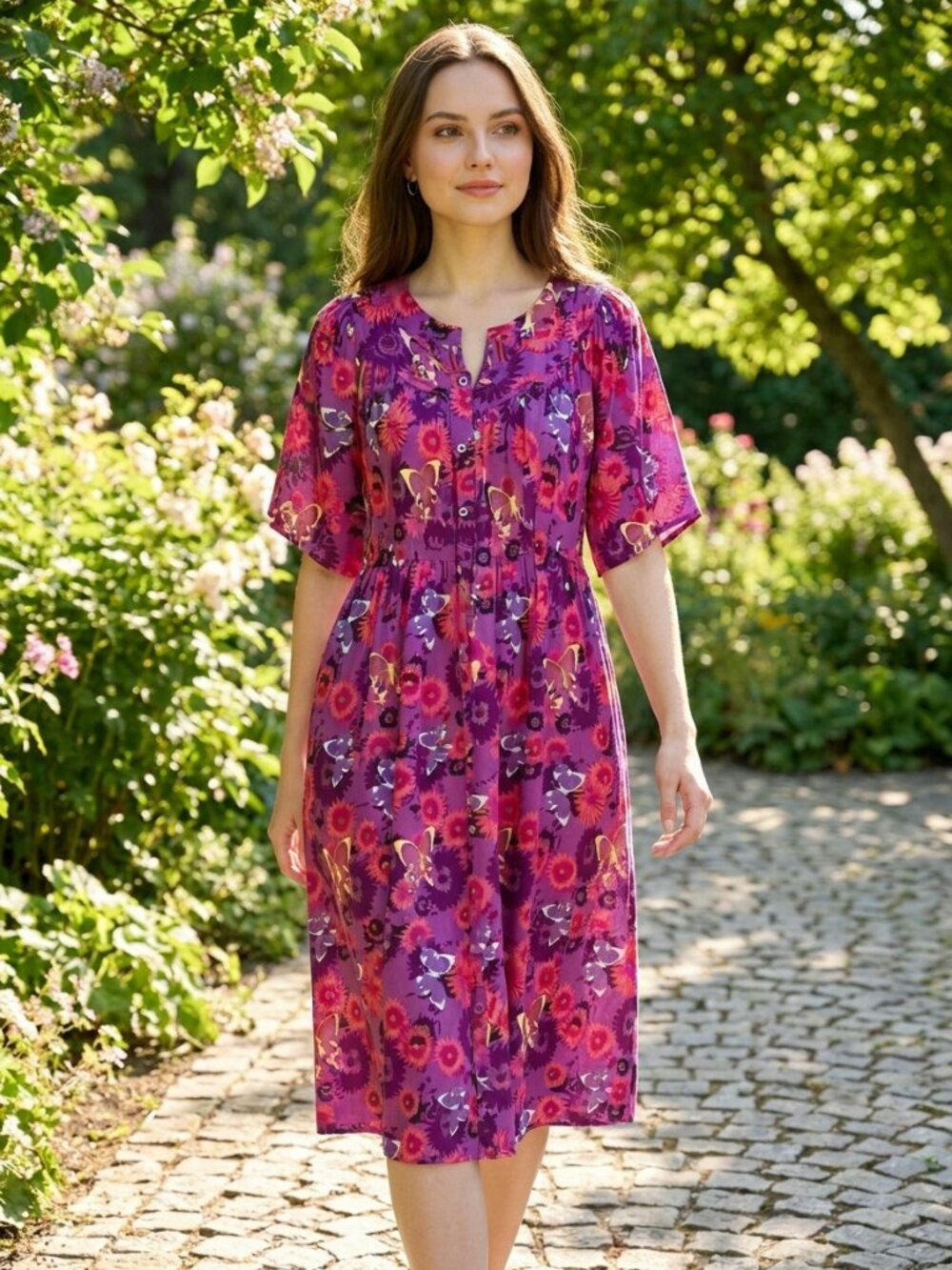 Go Softly Patio Dress Size Medium Purple Floral Button Down Flowy House Dress
